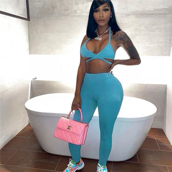 

yoga outfit fitness solid two piece set halter lace up bra high waist pants tracksuit workout push sporty casual outdoor suit