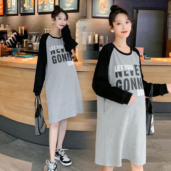 

maternity dresses 9026# dress spring autumn cotton letter printing loose stylish for pregnant women mom, White