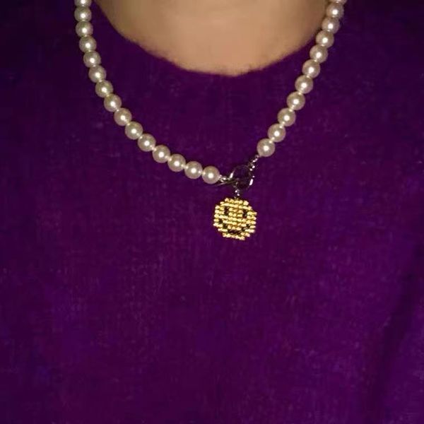 

minority design yellow crystal zircon ot buckle short smiling face pendant pearl necklace, Silver