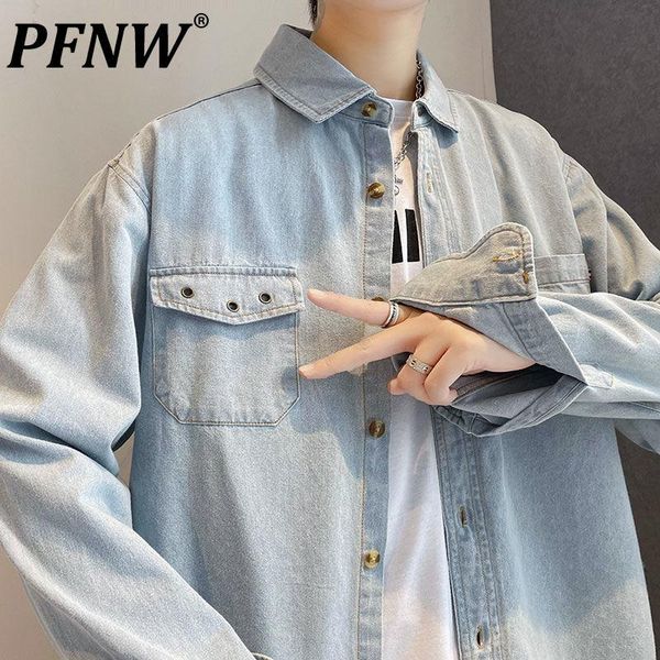 

men's casual shirts pfnw 2021 denim shirt autumn winter loose single breasted pockets ins trend solid daily coat streetwear 12x0089, White;black