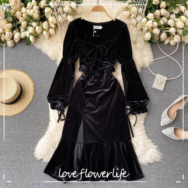 

loveflowerlife spring autumn vintage solid puff sleeve dress a line square collar mid calf high waist women dresses 210521, Black;gray