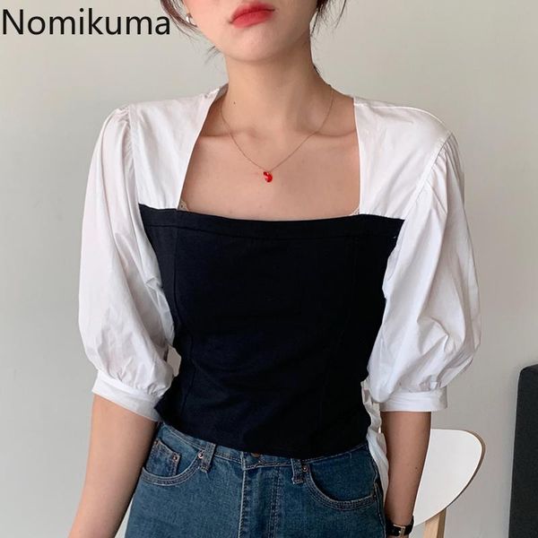 

women's blouses & shirts nomikuma korean fake two pieces blouse puff short sleeve square collar shirt bow tie slim waist hit color patc, White