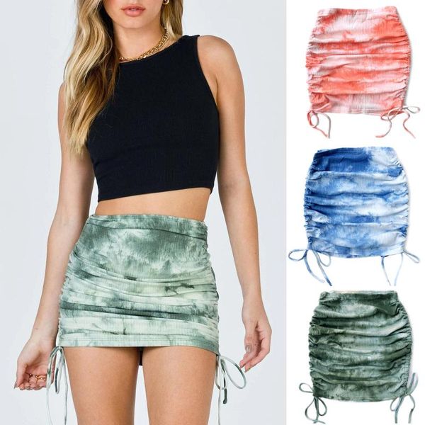 

skirts stretch ruffle knit mini skirt 2021 summer fashion women's side drawstring tie-dye bag hip for women, Black