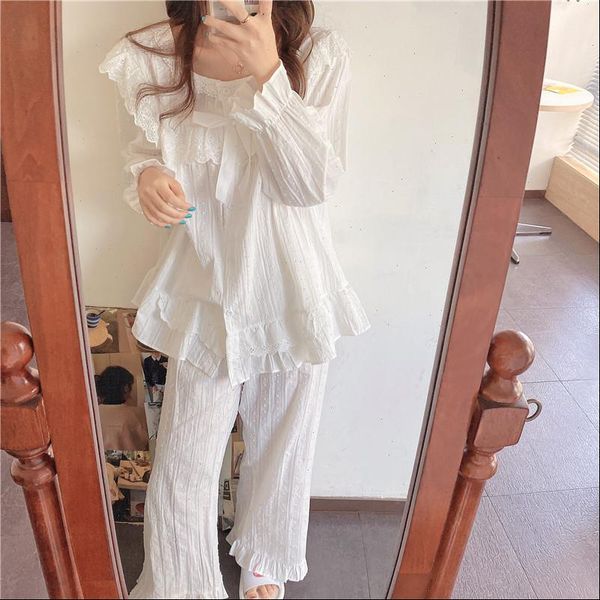

white lace cotton lolita princess women sleepwear pajamas set home suit ruffles bow bit dot loose shirt pants pijamas 2pcs, Black;red