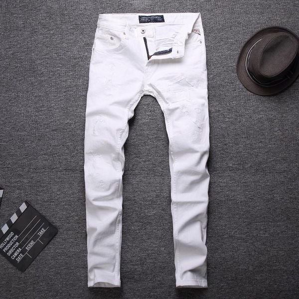 

men's jeans italian vintage designer men white slim fit ripped pencil pants elastic fashion streetwear hip hop, Blue