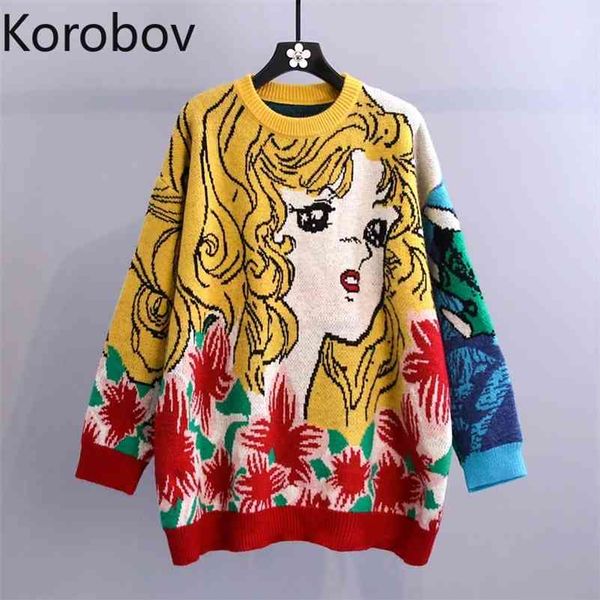 

korobov autumn winter new women cartoon sweaters korean hit color sueter mujer vintage o neck long sleeve jumper femme 210430, White;black