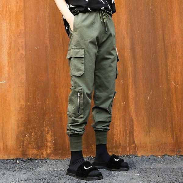 

women's pants & capris 2021 fall cargo female army green loose straight hiphop ankle banded sweat women black trousers, Black;white