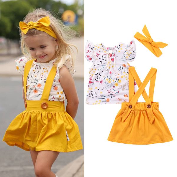 Baby Girls Roupas Conjuntos T-shirt Tops + Strap Dress + Bow Headbands 3pcs Kids 210515