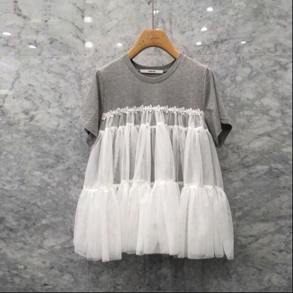 

spring women t shirt summer wild fashion casual mesh stitching female short sleeved cotton 100%cotton, White