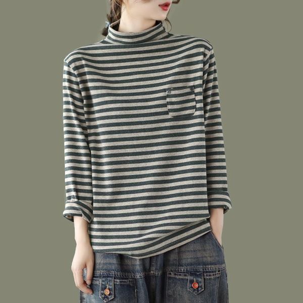 

women's t-shirt 2021 spring autumn plus size stripes tshirt women fashion half turtleneck long sleeve velvet warm female t shirt b088, White