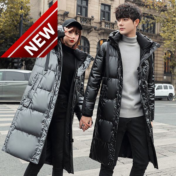 

bright face down jacket men's long knee thickened 2021 winter new white duck handsome couple, Black