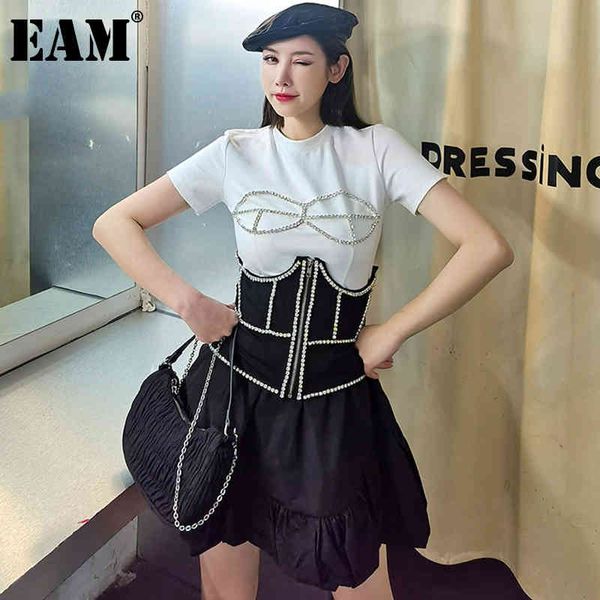 

[eam] women white irregular belt spliced t-shirt round neck short sleeve fashion spring summer 1dd8415 210512