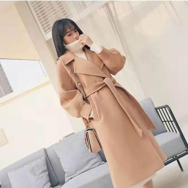 

women's wool & blends coat women korean style single breasted warm jacket sashes windbreaker female outerwear overcoat, Black