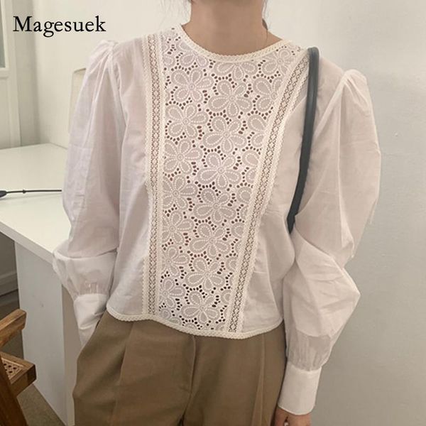 

women's blouses & shirts fashion hollow out floral women blouse o neck lantern sleeve office shirt female spring white clothing 13271