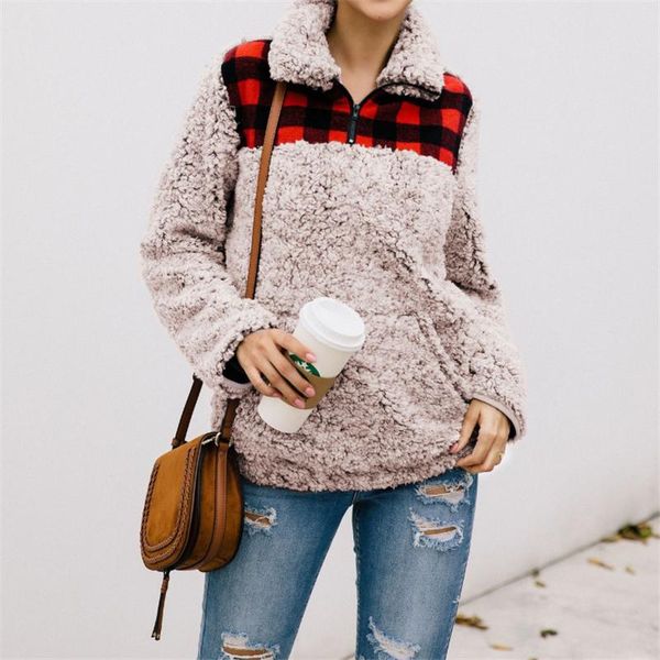 

women's sweaters women fleece outerwear fashion plaid patchwork fluffy thick warm zipper pullovers winter coat sherpa, White;black