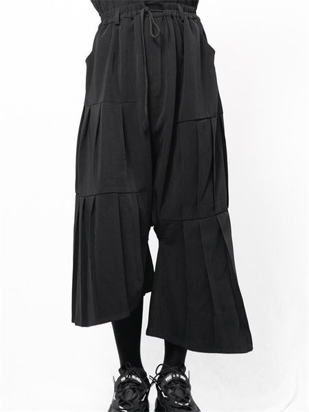 

men's pants casual wide leg culottes spring and autumn black rope waist irregular asymmetrical fold design
