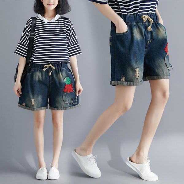 

elastic high waist ripped denim shorts women summer plus size casual cartoon embroidery cotton wide leg jeans femme short pants women's, White;black
