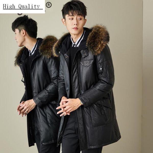 

men's leather & faux genuine jacket men winter clothes 2021 thick warm duck down sheepskin coat raccoon fur hooded hiver 807098, Black