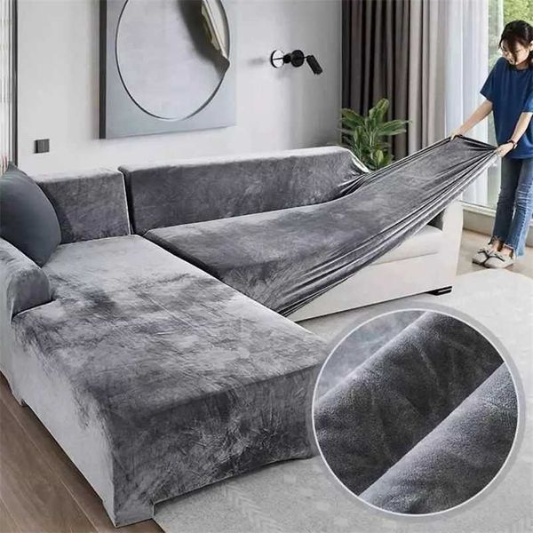 Veludo pelúcia l-shaped sala de estar sofá tampa elástico móveis cadeira chaise longupe canto typ 211116