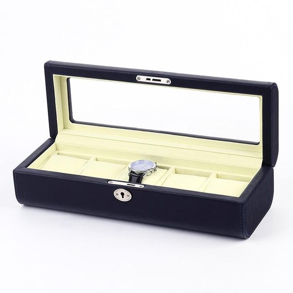 

watch boxes & cases box high-end pu leather hand 5-digit storage jewelry with lock display, Black;blue