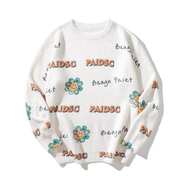 

men's sweaters 2021 autumn winter knitted male loose pullover o neck letter flower sweater couples knit jackets for men, White;black