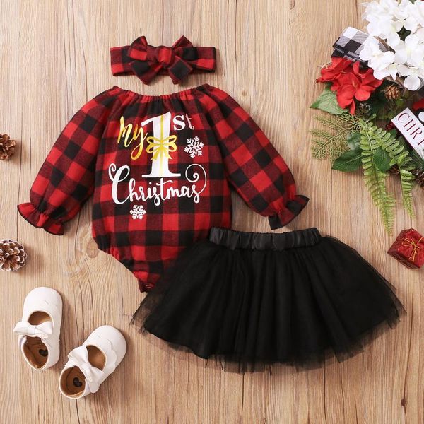 

clothing sets 3pcs infant baby girls christmas clothes xmas plaid printing long sleeve romper black tulle skirts+ bow headband outfits, White