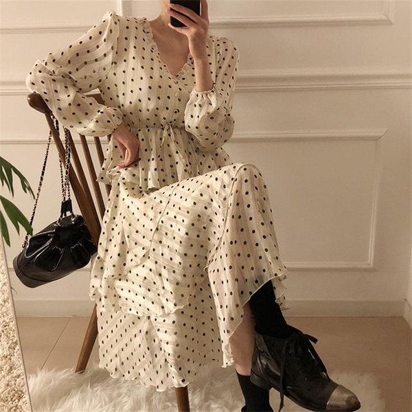 

casual dresses 2021 all-match satin polka dots v-neck gentle office lady multi-layers loose long cake, Black;gray