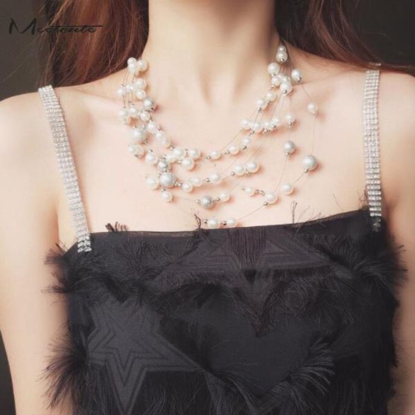 

earrings & necklace zerosky fashion jewelry gold color multilayer chain imitation pearls necklaces + for women wedding bride, Silver