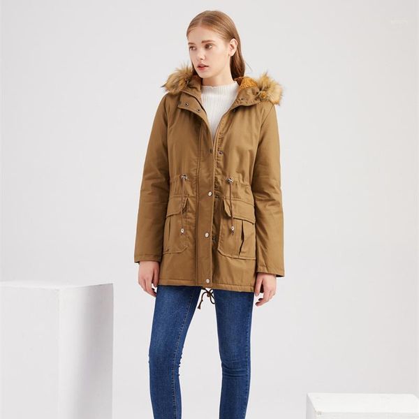 

women's down & parkas 2021 jacket plus velvet cotton winter solid size parka quilted coats thicken button, Black