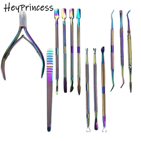

nail art kits cuticle scissors dual-ended pusher dead-skin remover rainbow stainless steel manicure pedicure tool
