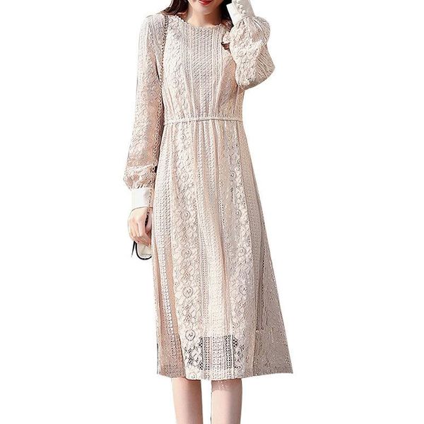 

casual dresses howllow out elegant plus size women lace dress 2021 spring femme long loose dameskleding grote maten f289, Black;gray