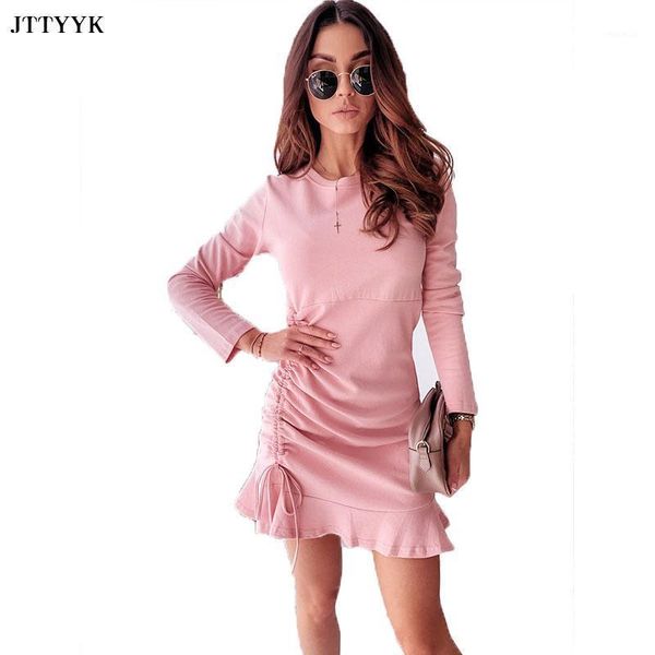 

autumn dress long sleeve drawstring lace up ruffles decor solid casual o-neck slim mini women pink draped high waist dresses, Black;gray