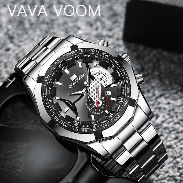 

wristwatches vava voom men's sports watch fashion stainless steel strap case calendar waterproof quartz men relogio masculino, Slivery;brown