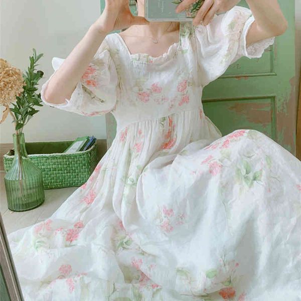 

casual dresses for women summer fashion korean elegant 100%ramie white dress fresh sweet lantern sleeve floral print long 7uel, Black;gray