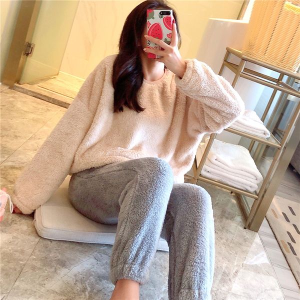 

autumn winter womens cute flannel pajama sets.candy colors ladies basic style warm pyjamas set.sleepwear loungewear.9 colors, Black;red
