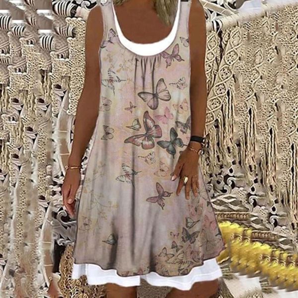 

casual dresses vintage butterfly print a-line dress summer square collar party fashion women sleeveless tank loose vestido, Black;gray