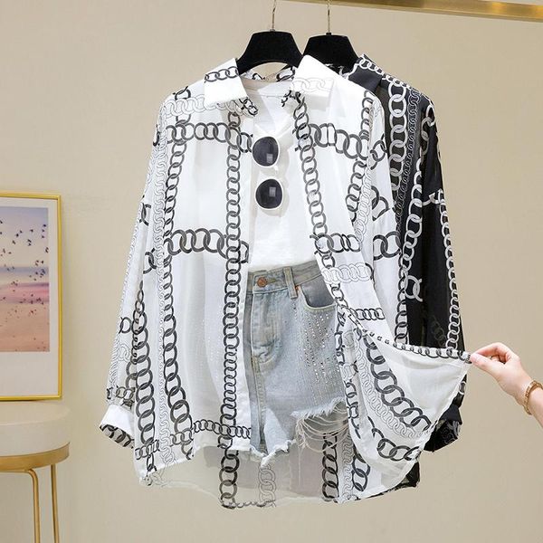 

women's blouses & shirts chiffon sunscreen shirt women 2021 summer korean style breathable loose printed blouse, White