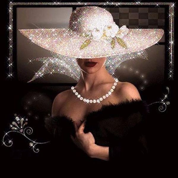 

diamond painting 5d full square round woman in a black dress wearing hat embroidery mosaic picture of rhinestones gift