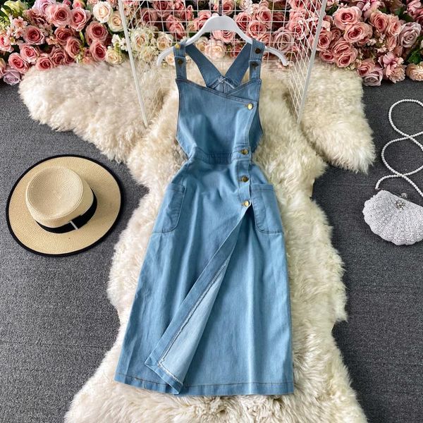 

casual dresses denim strap dress women's 2021 spring and summer waist slim mid long split sleeveless suspender vest jeans chic, Black;gray