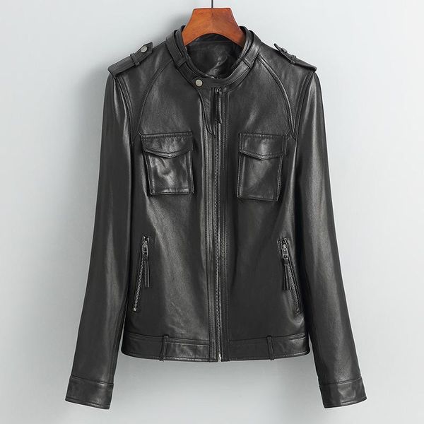 

women's leather & faux 100% genuine jacket women vintage sheepskin coat female plus size 4xl spring autumn 2021 mujer chaqueta pph3420, Black
