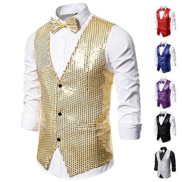

men's vests men paillette waistcoat luxury gold silver red blue sequins glitter wedding groom vest gilet homme dj night club singers pa, Black;white