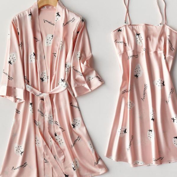 

women's sleepwear 2pcs silky satin women kimono gown nightdress robe suit nightwear nightgown soft intimate lingerie homewear, Black;red