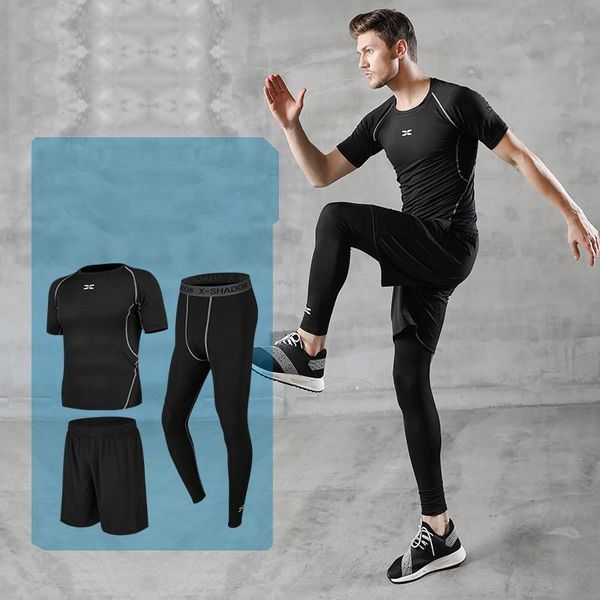 

gym clothing compression sets mens suits quick dry running joggers sports fitness training tracksuits t-shirt, White;black