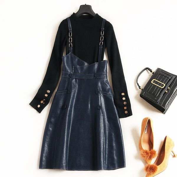 

casual dresses fashion autumn winter dress women elegant designers long sleeve pullovers knit and pu leather 2piece set vestidos, Black;gray