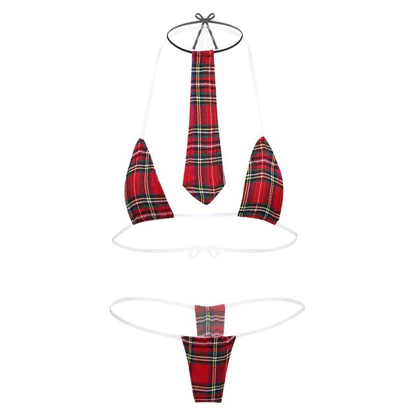 

Womens Schoolgirls Plaid Halter Fetish Lingerie Sets Summer Exotic Sexy Costumes Lace-up Straps Bra G-string Briefs with Tie, Black;white