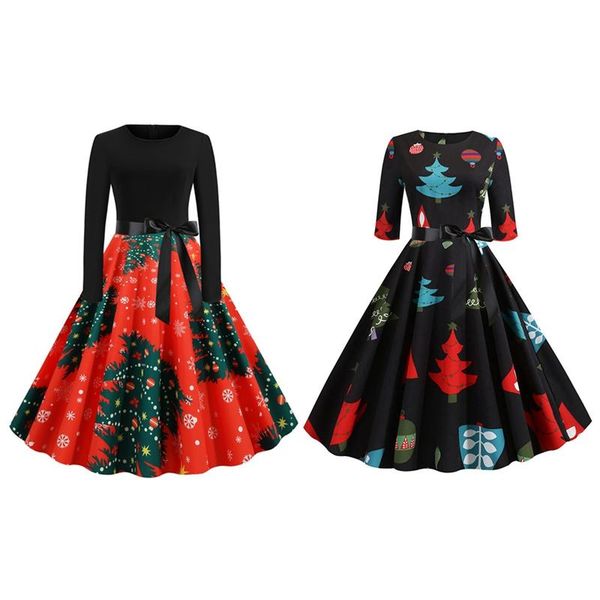 

casual dresses kf-elegant a-line dress long sleeve red dark green xl & round neck printed large swing, Black;gray