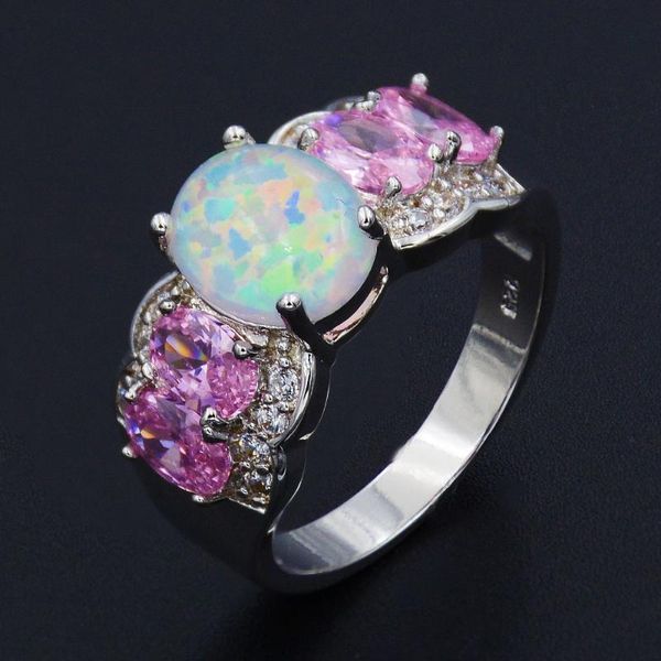 

wedding rings charming white fire opal ring with pink cubic zirconia, Slivery;golden