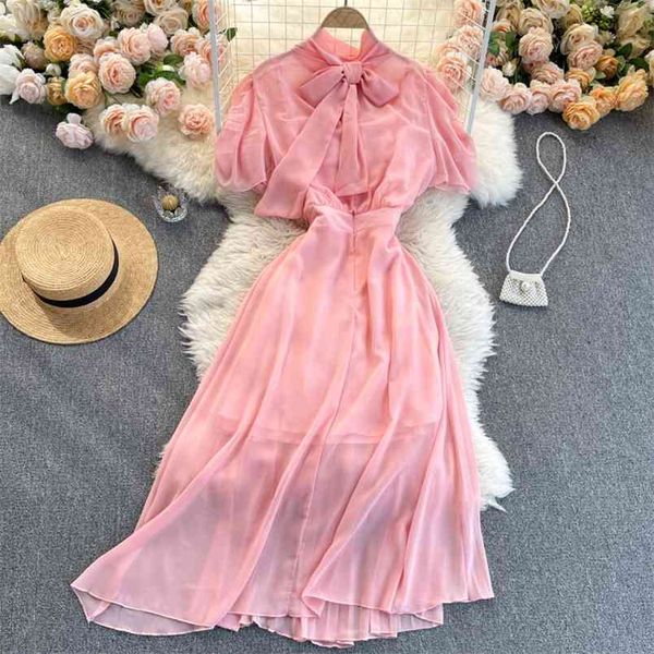 

spring temperament retro vestidos female stand-up collar bow pleated short-sleeved chiffon midi dress c779 210506, Black;gray