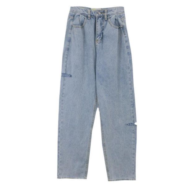 

women's jeans donsignet 2021 summer korean version clothing loose high waist ripped wide legs casual hollow out for women, Blue