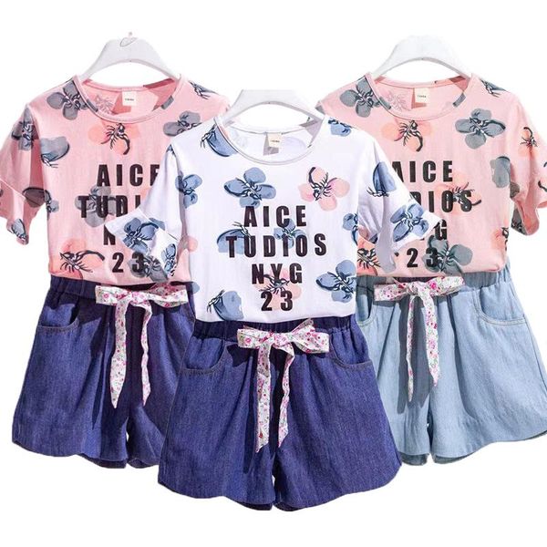 

clothing sets 2-12 years girls set summer cartoon butterfly lettler cotton t-shirt+jeans 2pcs suit for kids children fashion clothes, White
